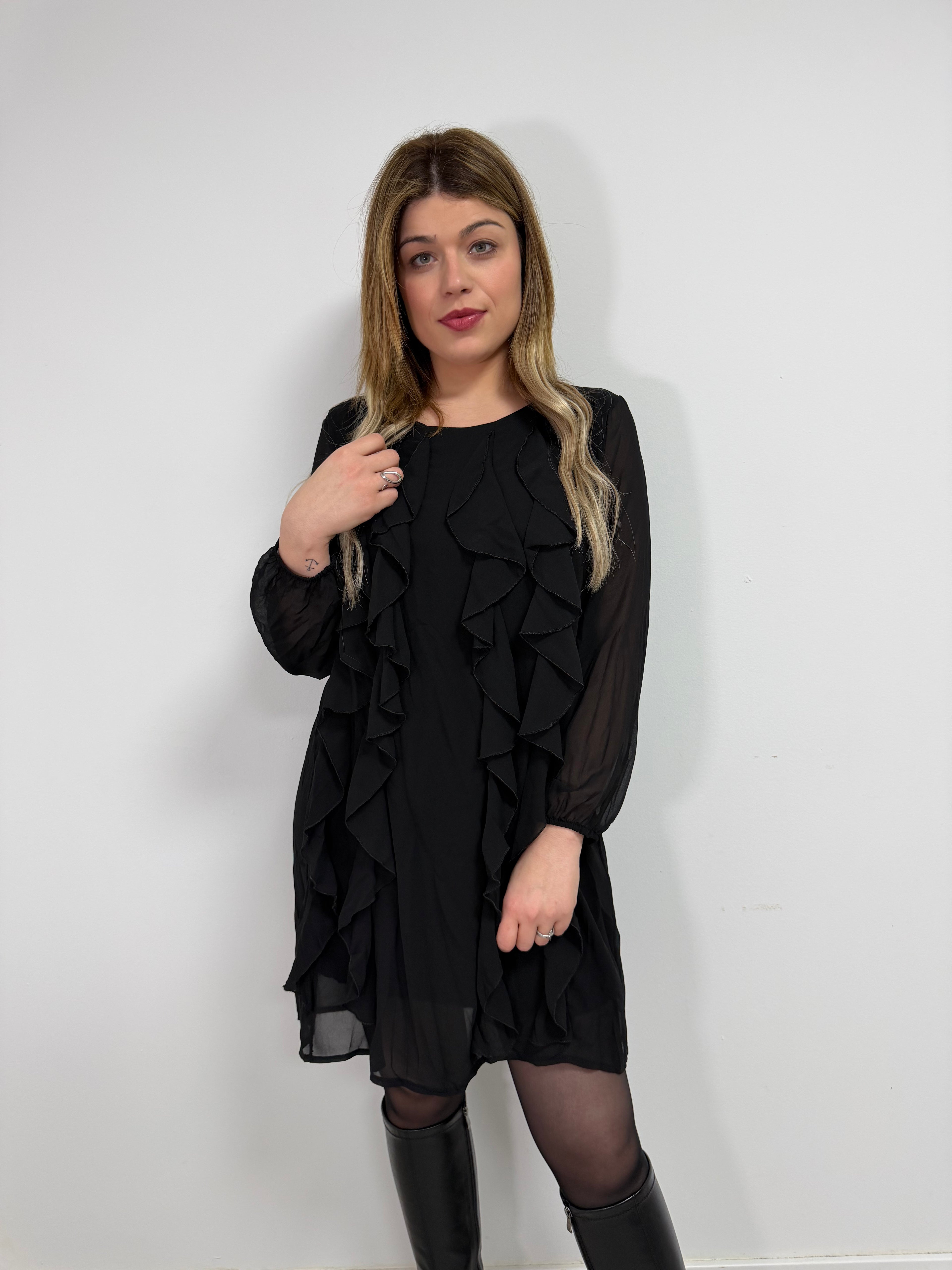 Vestido manga larga efecto volante