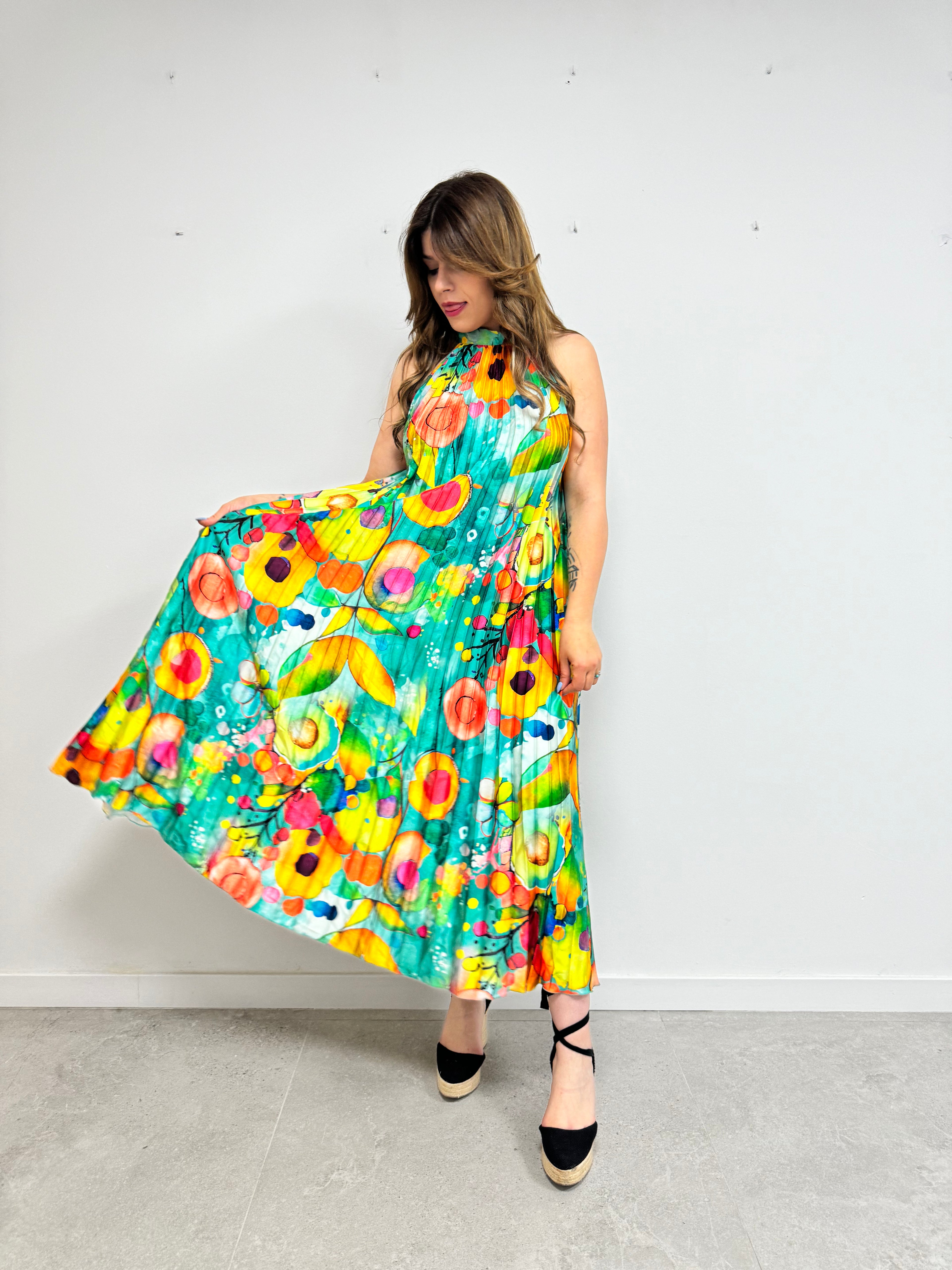 Vestido plisado colores verde iskia shopping