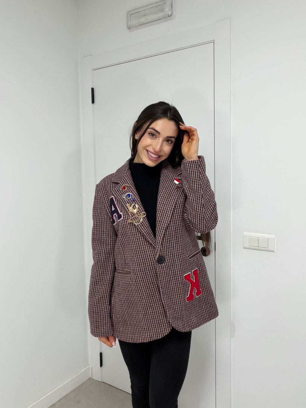 Blazer de cuadros con parches