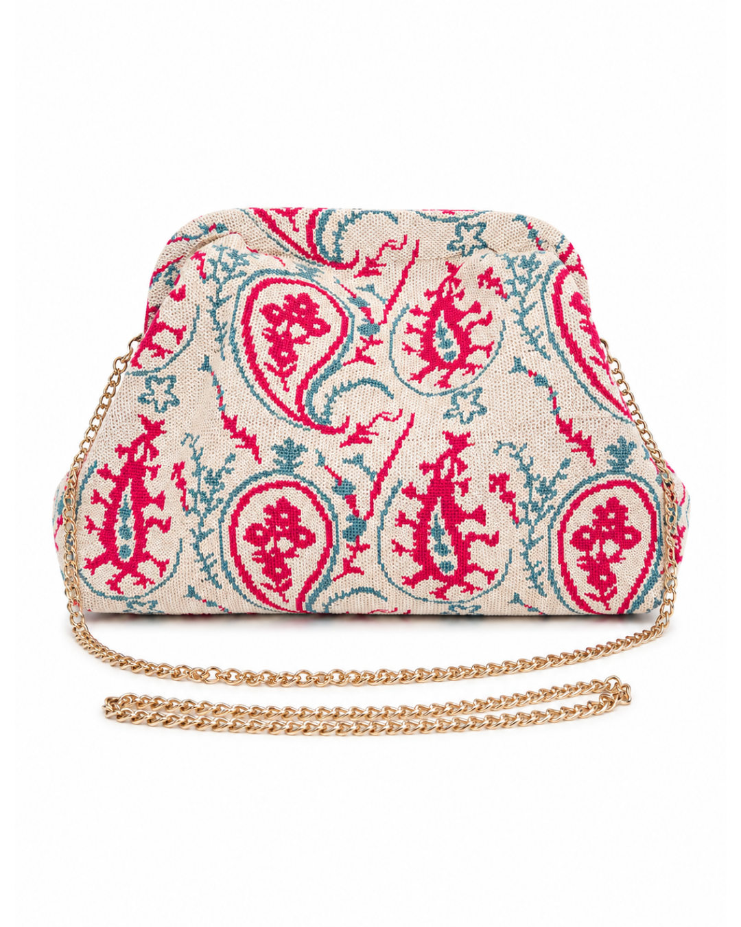 Bolso clutch paisley beige y fucsia