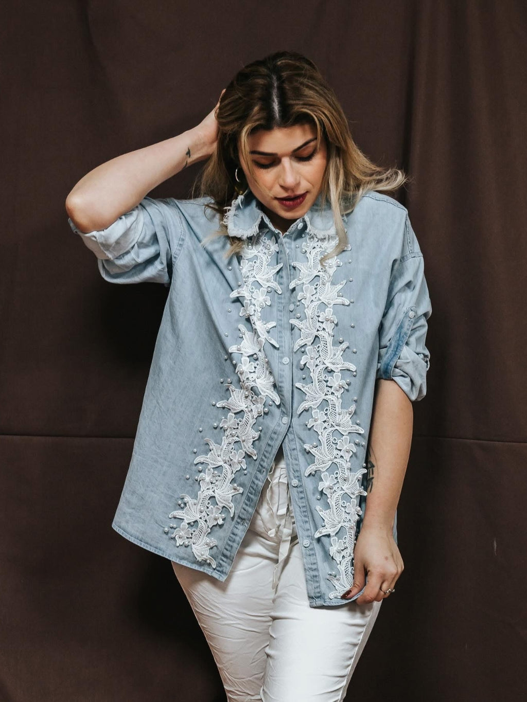 Camisa vaquera encaje con perlas
