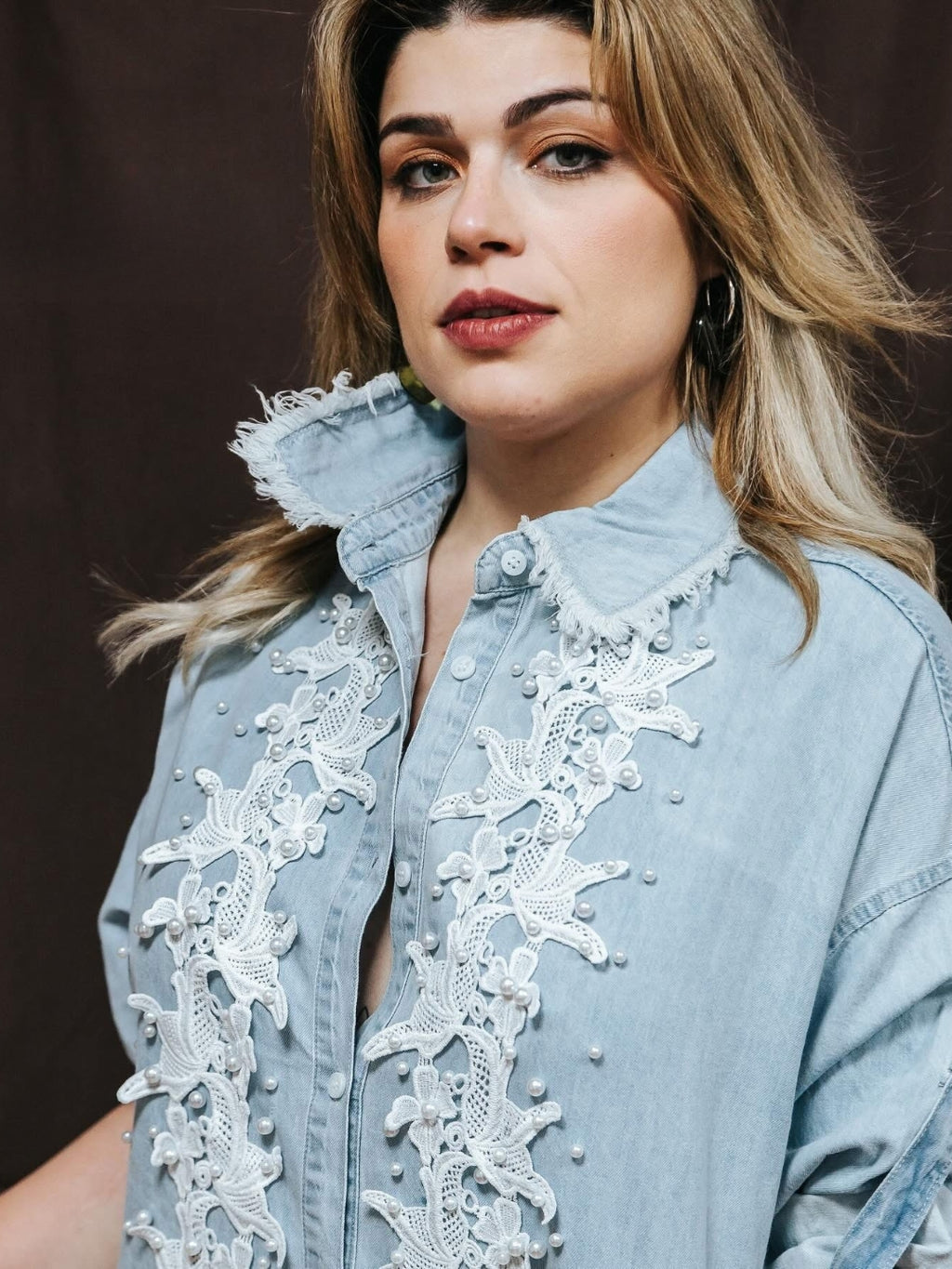 Camisa vaquera encaje con perlas