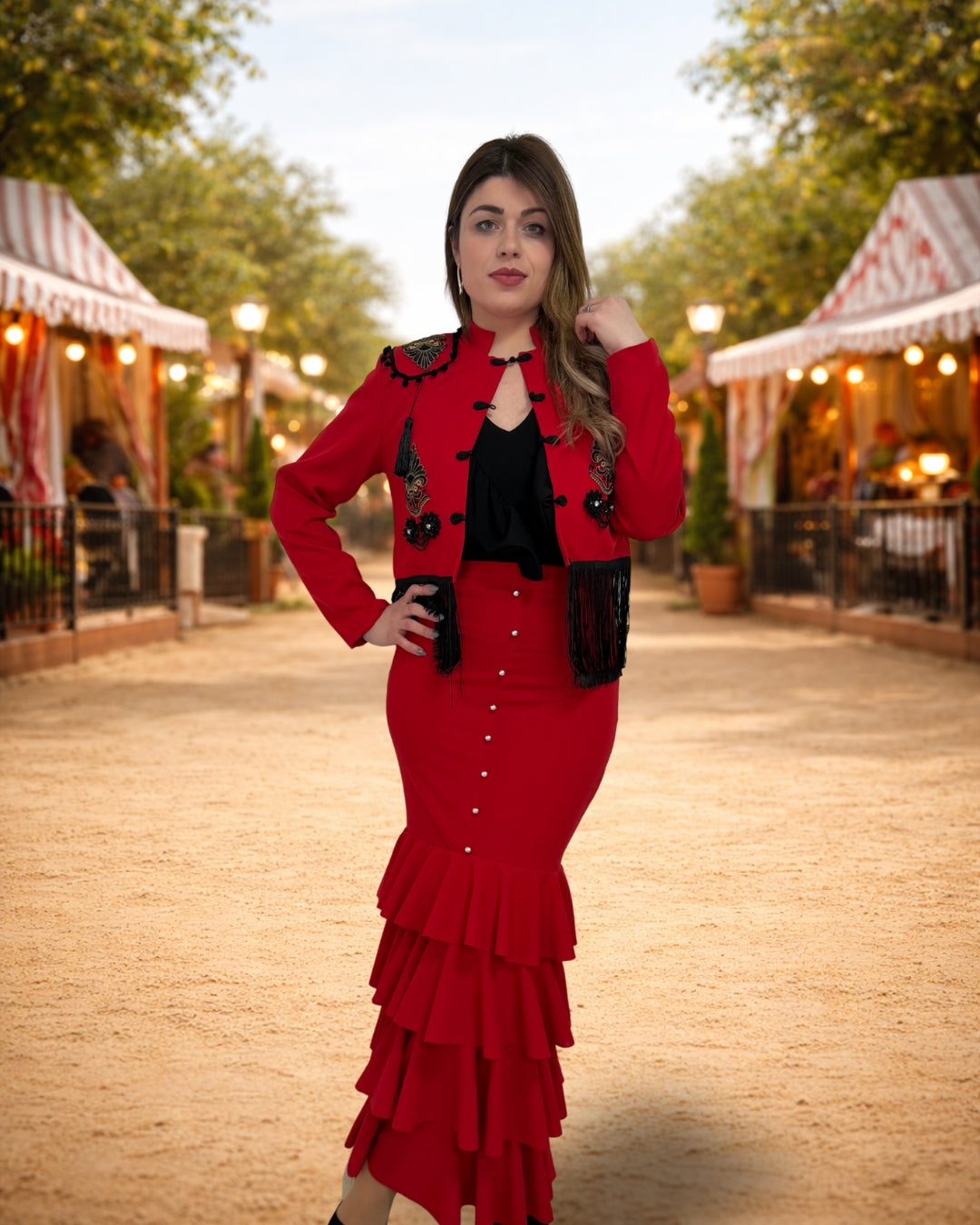 Falda roja larga volantes