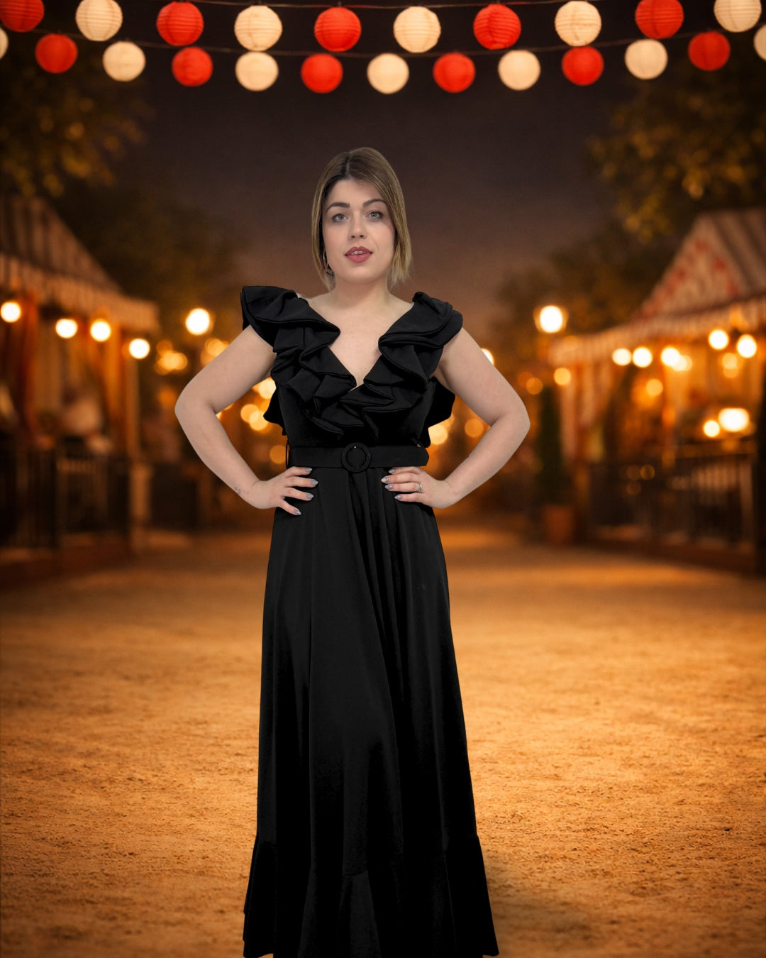 Vestido negro largo volantes