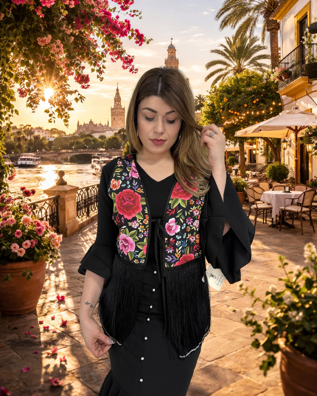 Chaleco flecos de flores