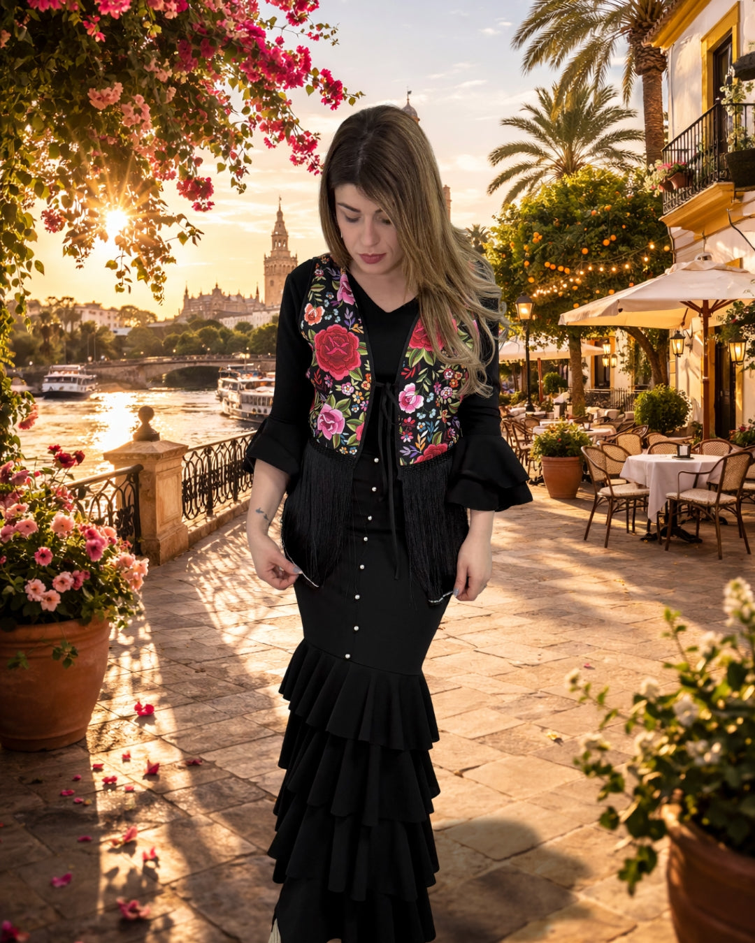 Chaleco flecos de flores