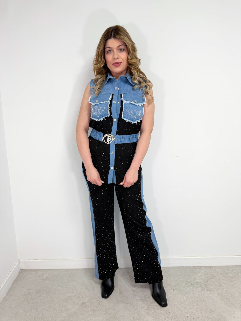 Conjunto flare denim brillos