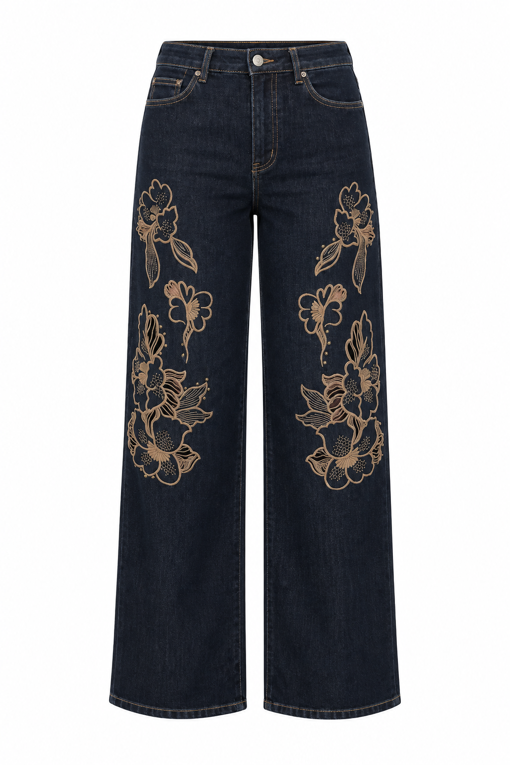 Pantalón denim bordado marrón